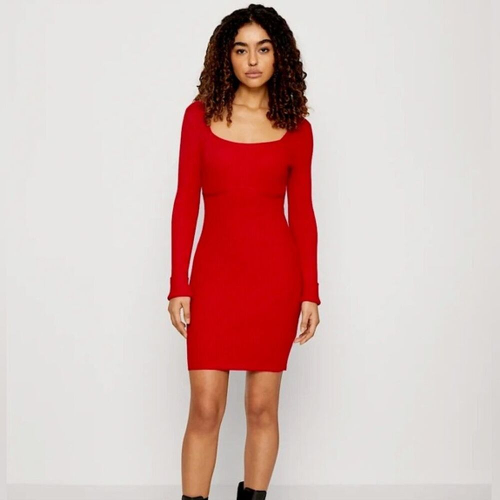 NWOT Hollister Red Ribbed Sweater Dress (L) Square Neckline Underbust Shaping